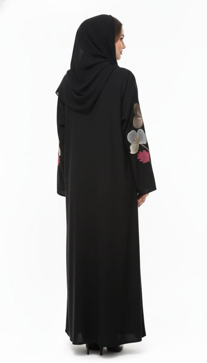 Midnight Bloom Black Abaya | Luxury Vibrant Floral Hand-Embroidered Open Wrap