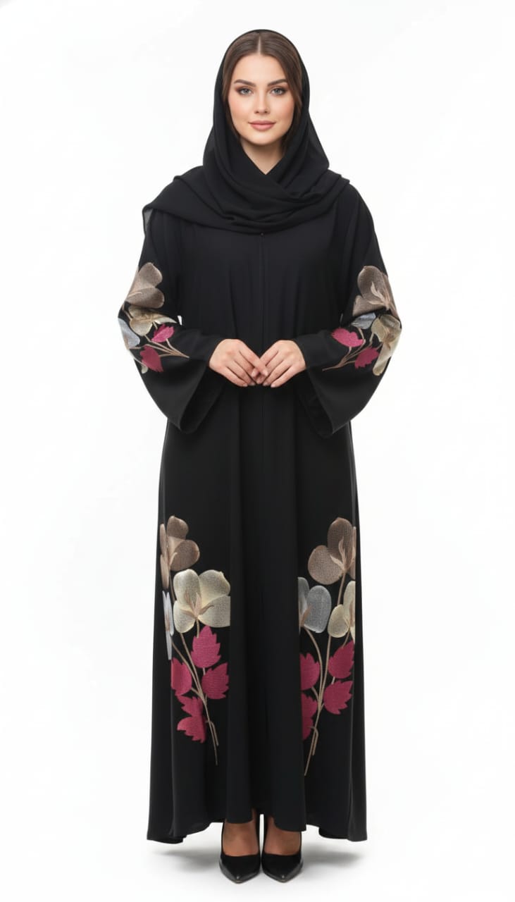Midnight Bloom Black Abaya | Luxury Vibrant Floral Hand-Embroidered Open Wrap