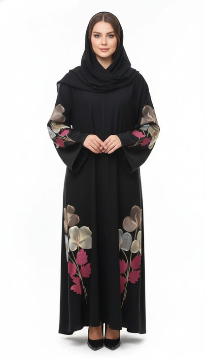 Midnight Bloom Black Abaya | Luxury Vibrant Floral Hand-Embroidered Open Wrap