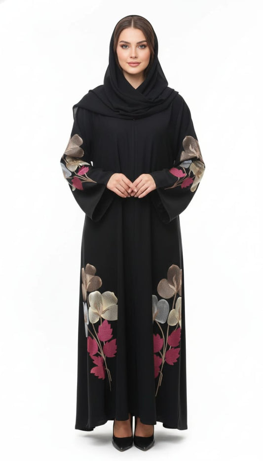 Midnight Bloom Black Abaya | Luxury Vibrant Floral Hand-Embroidered Open Wrap