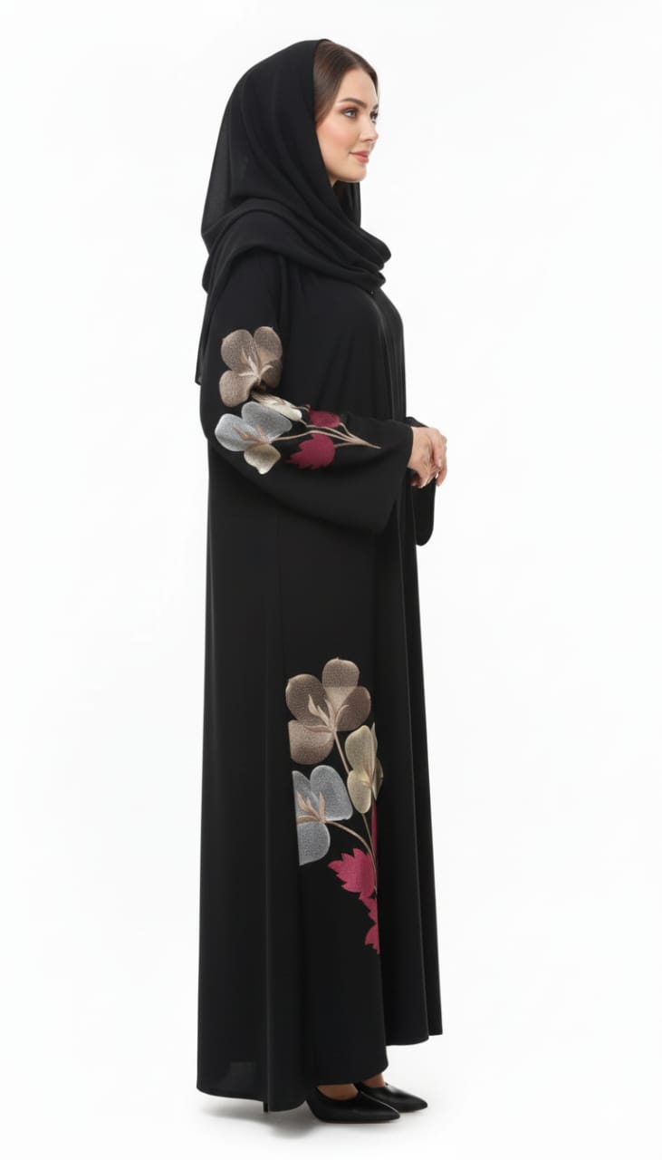 Midnight Bloom Black Abaya | Luxury Vibrant Floral Hand-Embroidered Open Wrap