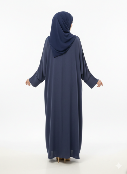 Midnight Navy Tailored Abaya | Luxury Beaded Border Wrap with Classic Straight Sleeves