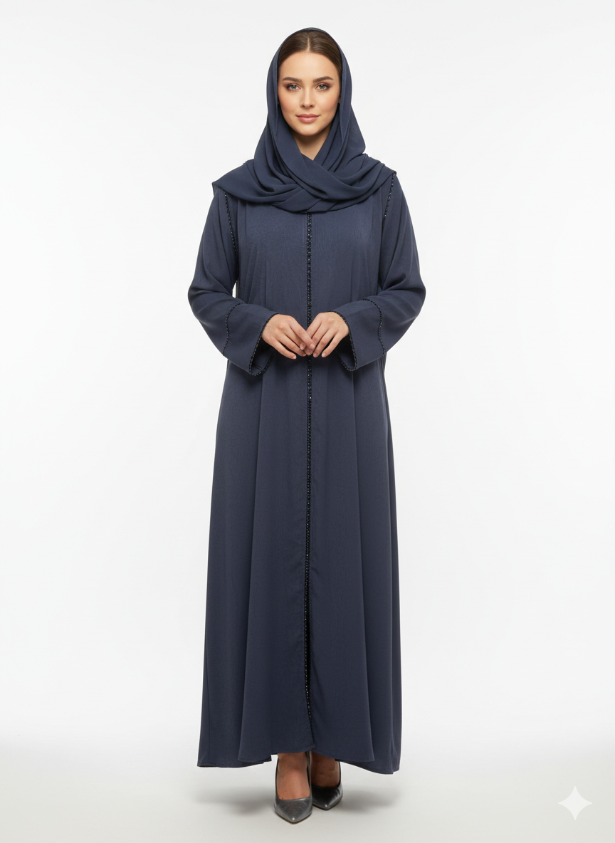 Midnight Navy Tailored Abaya | Luxury Beaded Border Wrap with Classic Straight Sleeves