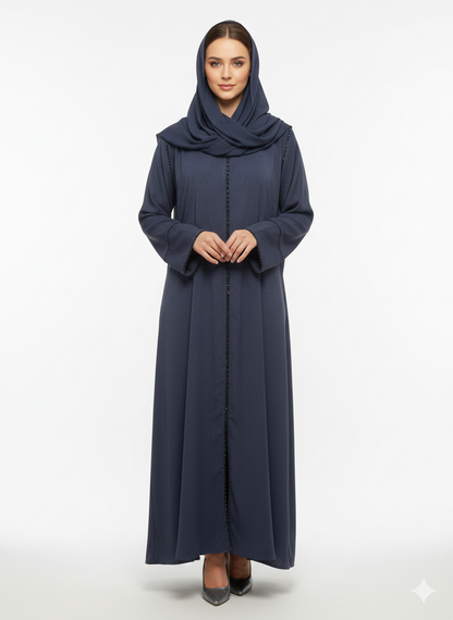 Midnight Navy Tailored Abaya | Luxury Beaded Border Wrap with Classic Straight Sleeves