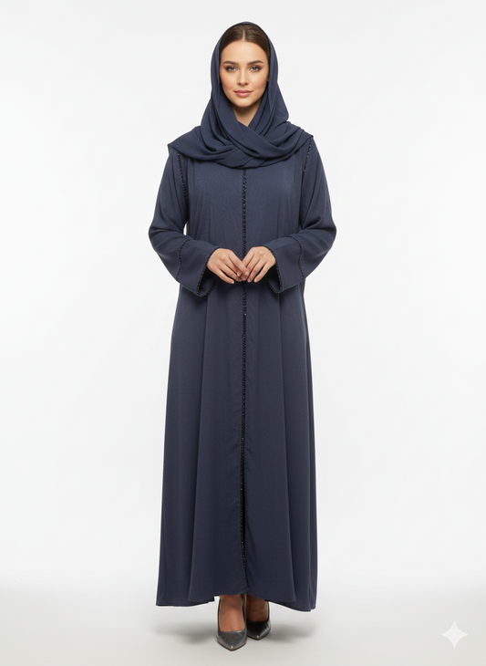Midnight Navy Tailored Abaya | Luxury Beaded Border Wrap with Classic Straight Sleeves