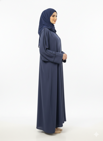 Midnight Navy Tailored Abaya | Luxury Beaded Border Wrap with Classic Straight Sleeves