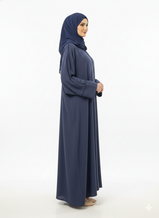 Midnight Navy Tailored Abaya | Luxury Beaded Border Wrap with Classic Straight Sleeves