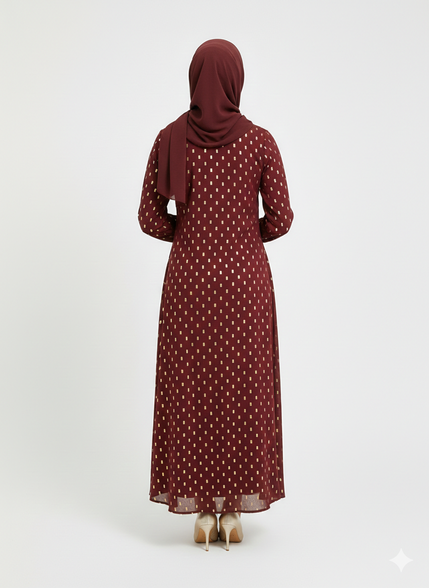Crimson Gilded Foil Polka Dot Maroon Modest Abaya