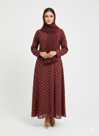 Crimson Gilded Foil Polka Dot Maroon Modest Abaya