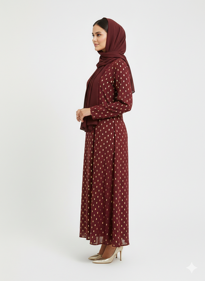 Crimson Gilded Foil Polka Dot Maroon Modest Abaya