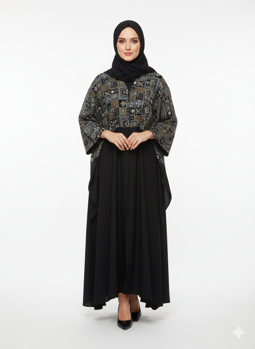 Iconic Velvet-Top Farasha Embroidered Nida Abaya