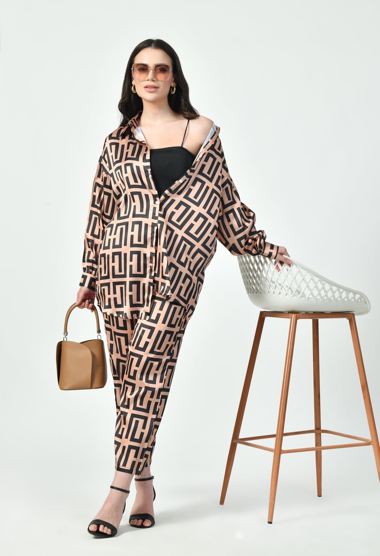 Geometric Print Modest Co-Ord Set Japanese Satin Luxury Modest Western Wea