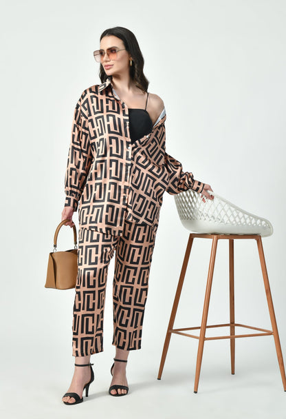 Geometric Print Modest Co-Ord Set Japanese Satin Luxury Modest Western Wea