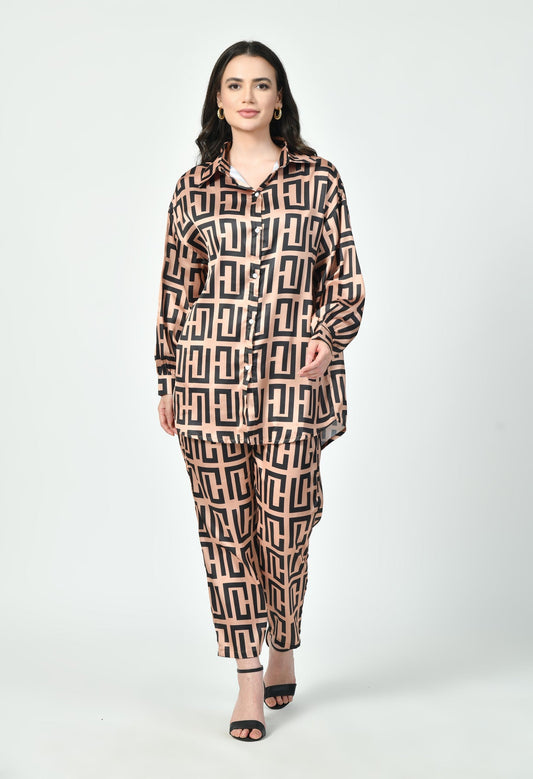 Geometric Print Modest Co-Ord Set Japanese Satin Luxury Modest Western Wea