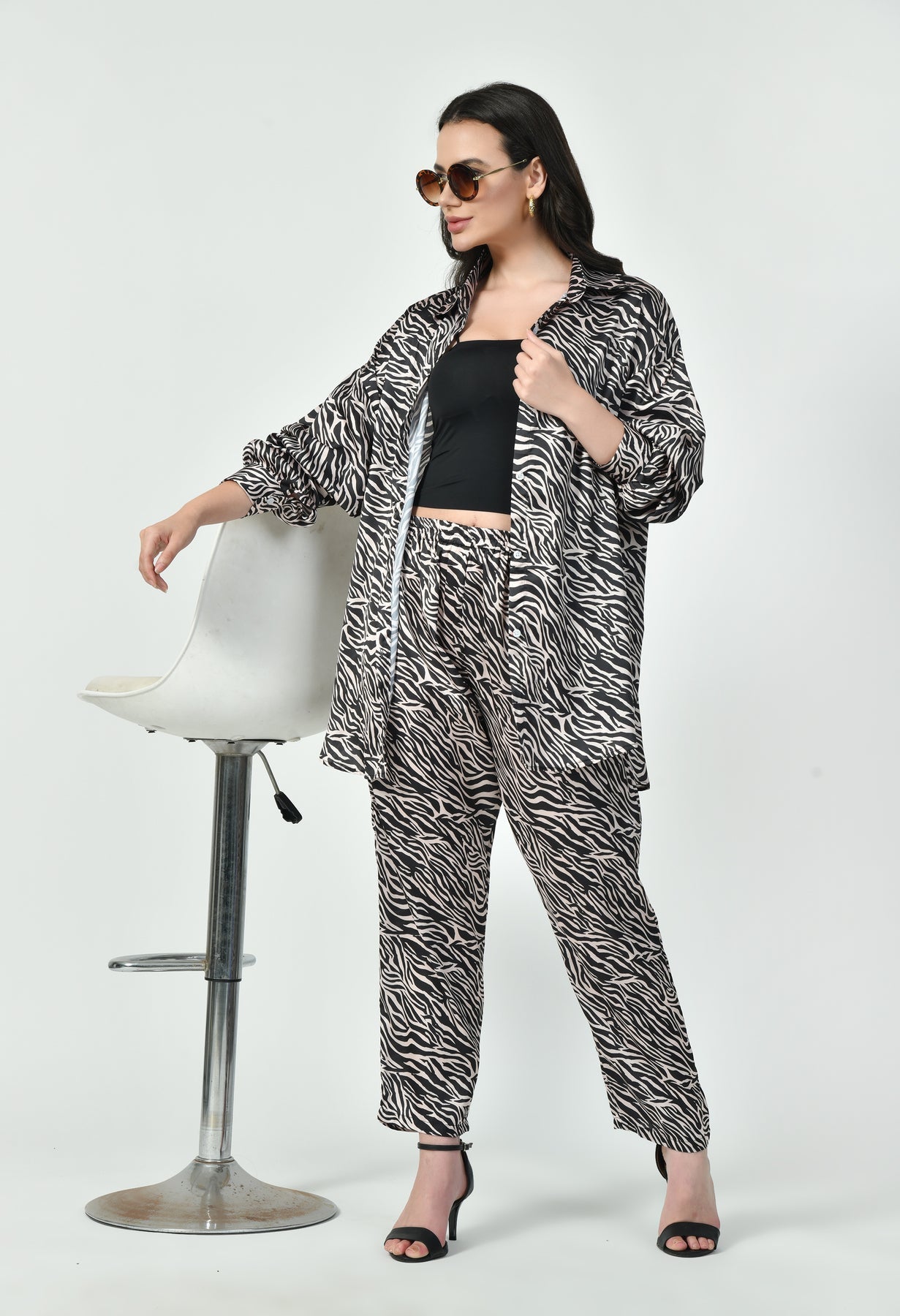 Black & Brown Zebra Print Modest Co-Ord Set Japanese Satin Premium Western Wear