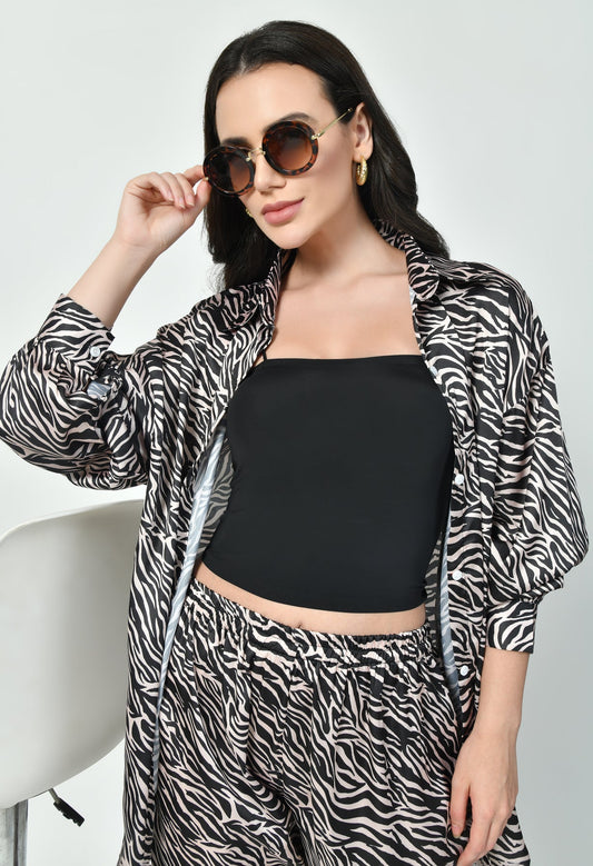 Black & Brown Zebra Print Modest Co-Ord Set Japanese Satin Premium Western Wear