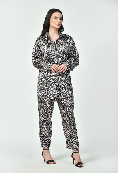 Black & Brown Zebra Print Modest Co-Ord Set Japanese Satin Premium Western Wear