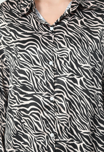 Black & Brown Zebra Print Modest Co-Ord Set Japanese Satin Premium Western Wear