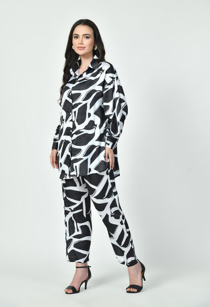Black & White Abstract Print Co-ord Set Luxury Modest Western Wear Japanese Satin